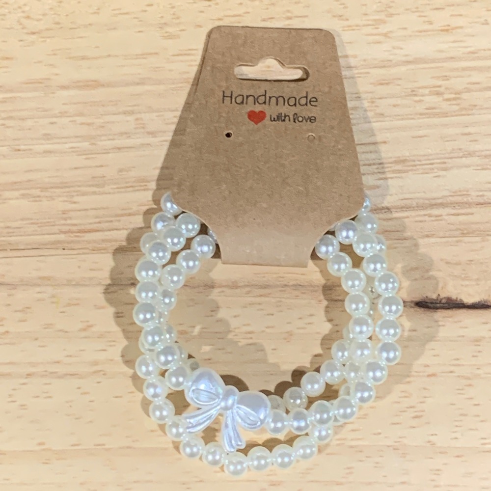 Handmade Beaded Bracelet Women OS 3pc Faux Pearl Bow Stretch Set Coquette White